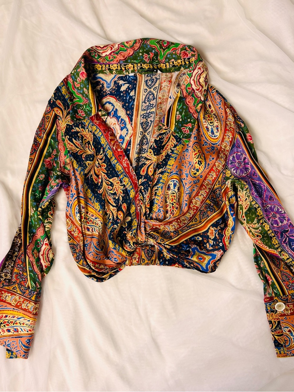 Zara Multicolor Paisley Twist-Front Button-Down Shirt